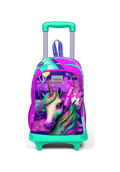 Coral High Kids Pembe Su Yeşili Unicorn Desenli Üç Bölmeli Çekçekli Okul Sırt Çantası 23958