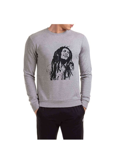 Bob Marley Black And White Baskılı Gri Erkek Örme Sweatshirt