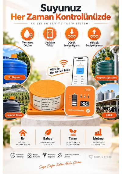 Wifi Ekranlı Akıllı Su Seviyesi Ölçer Fonri, Tuya, Smart Life, Google Assistant, Amazon Alexa Deste