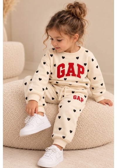 Noble Kids Kız Çocuk Kalp Baskılı Eşofman Takımı Ekru Krem