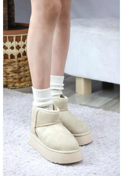 Asmi Shoes Kadın Pavro Süet İçi Kürklü Kalın Taban 4.5 Cm Mini Kısa Bot Krem Krem