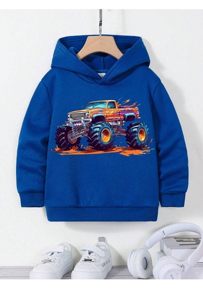 Çocuk Sax Mavisi Car Baskı Kapüşonlu Sweatshirt Sax
