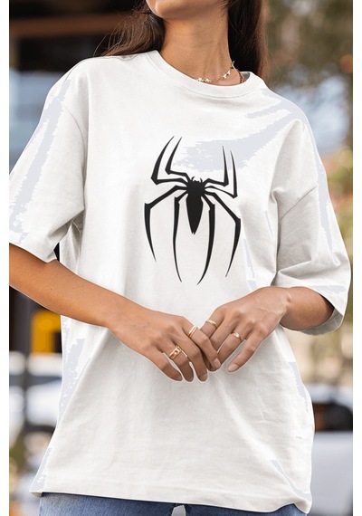 Siyah Spider Ön Baskılı Tişört Beyaz