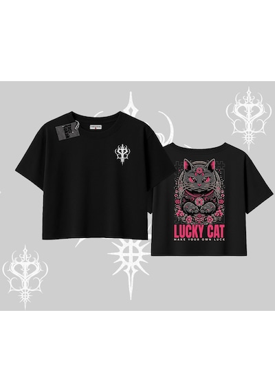 Tarzsokak Lucky Cat Japon Tarzı Kedi Baskılı Oversize Crop Tshirt Siyah