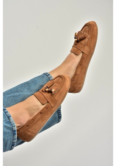 Fox Shoes Y602347002 Taba Süet Püsküllü Kadın Günlük Ayakkabı Taba