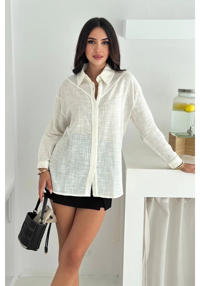 Asprin Fashion Pamuk Keten File Dantel Detaylı Gömlek Beyaz
