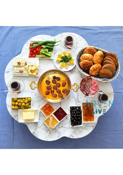 Arvenlive Mermer Desenli Ahşap Katlanabilir Papatya Yer Sofrası (467864187)