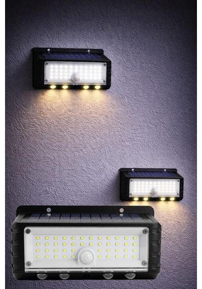 Panter Solar Hareket Sensörlü Led Duvar Lambası 3w 44 Smd Beyaz + 4 Gün Işığı Led, 300 Lümen, Ip65 Su Geçirmez, 3 Modlu Güneş Enerjili Aplik, Balkon Ve Bahçe Aydınlatması
