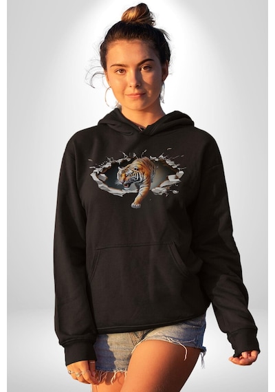 Kırık Duvar Kaplan Kadın Erkek Siyah Kapüşonlu Sweatshirt Hoodie Siyah