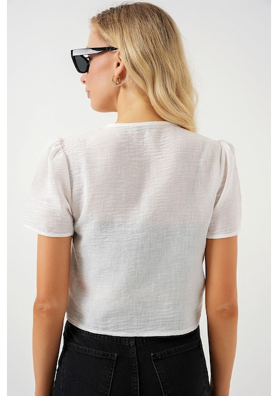 Hiccup Bdart Dokulu V-yaka Keten Karışımlı Crop Top Beyaz