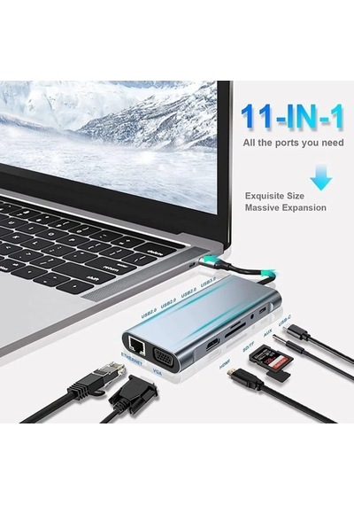 11in1 Type-c Hub Usb 3.0 Hdmı 4k Vga Lan Sd/tf 100w Pd Çoklayıcı Adaptör Dönüştürücü