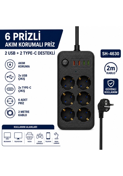 Sh-4630 6 Lı Akım Korumalı Priz 2 Usb + 2 Type-c Çıkışlı 2 Metre Kablolu Anahtarlı Topraklı Çoklu Grup Priz 2 M