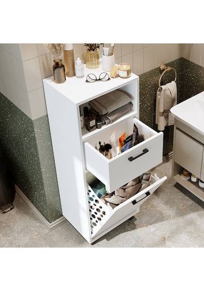 Çamaşır Sepetli Banyo Dolabı, Çok Amaçlı Çekmeceli Dolap 45 Cm Mat Beyaz
