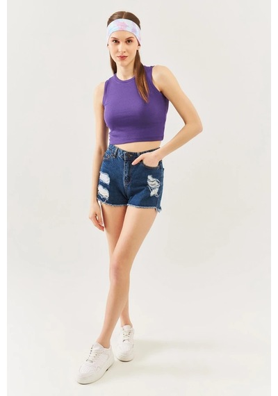 Butikgiz Kadın Sıfır Kol Bisiklet Yaka Vücuda Oturan %100 Pamuklu Kaşkorse Esnek Crop Bluz Mor