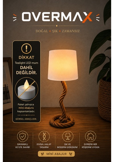 Rustik Halat Tasarımlı Minyatür Abajur / Masa Üstü Dekor Lambası 17x6 Cm Ledsiz Rustik Lamba - 882003914
