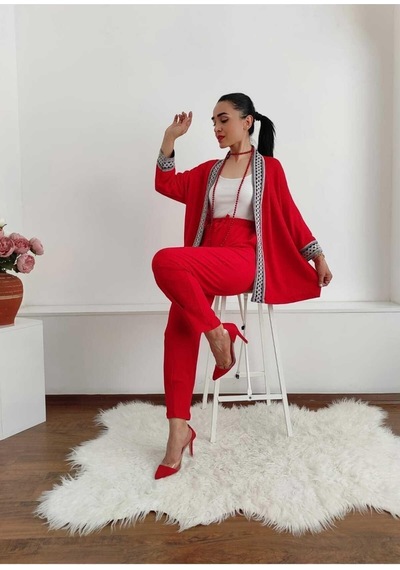 İpli Dar Nakışlı Kimono Takımı Siyah