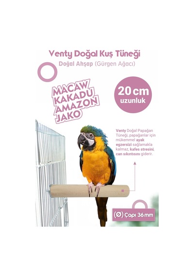 Vixpet Venty Büyük Papağan Tüneği 20 Cm 36 Mm / Doğal Ahşap Kuş Tüneği
