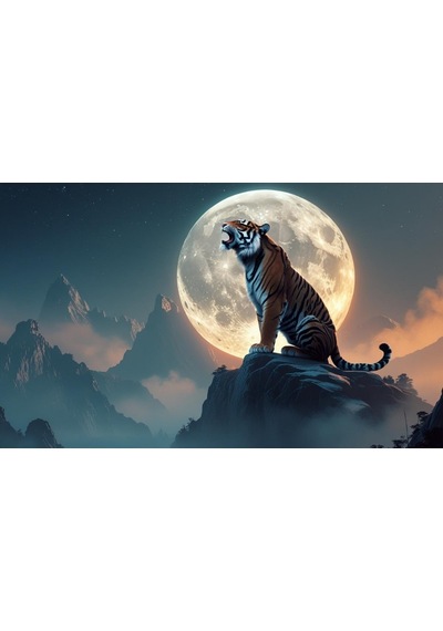 Kaplan Sisli Bir Dağda Aya Kükrüyor 01 Çerçevesiz 50x30 Cm Pvc Tablo