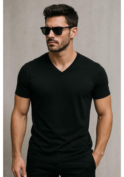 Rich Erkek V Yaka %100 Pamuk Kısa Kollu Siyah T-shirt Tişört SIYAH