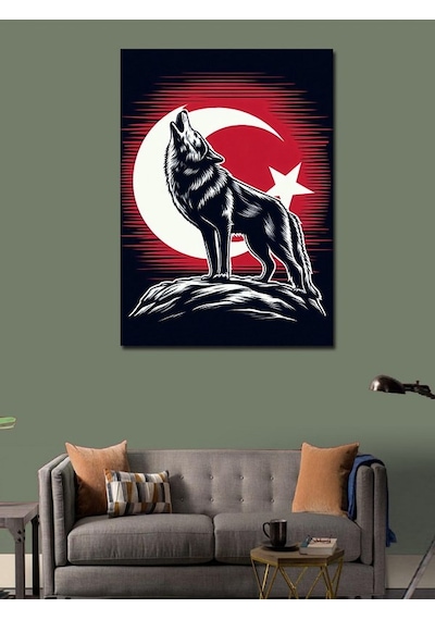 Kanvas Tablo Türk Bayrağı Ve Kurt 70cmx100cm