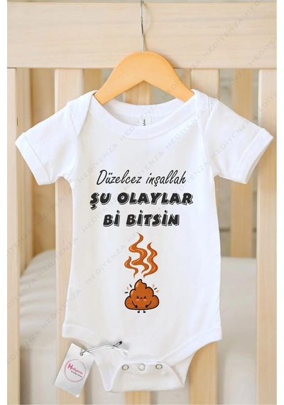 Hediyenza Düzelcez İnşallah Şu Olaylar Bi Bitsin Özel Tasarım Bebek Zıbın Pamuklu Çıtçıtlı Body Beyaz