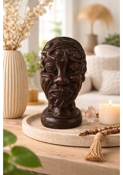 Dekoratif Otantik Büst Heykel Modern Salon Ofis Masa Üstü Biblo Vintage Ahşap Görünümlü Dekor 14,5 Cm Reçine