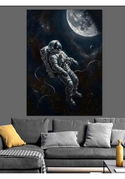Uzayda Tek Başına Duran Astronot Dekoratif Kanvas - Mdf Ahşap Tablo