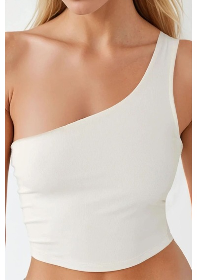 Hiccup Asimetrik Yaka Soft Crop Top Beyaz