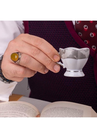 Hasır Düğüm Motifli Sarı Kehribar Taşlı Gümüş Erkek Yüzük