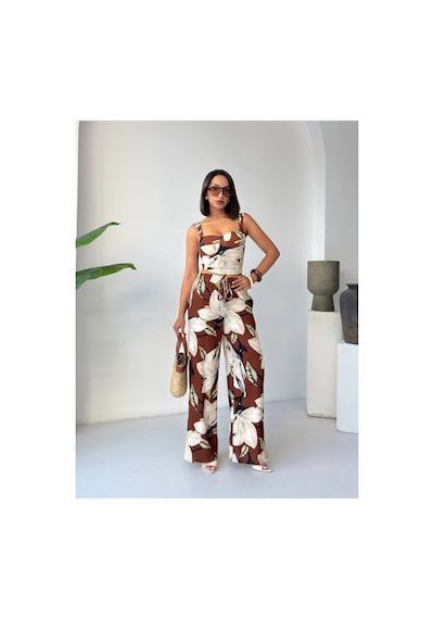Evoa Kadın Magnolia Desenli Crop Ve Pantolon Takım Kahverengi Kahverengi