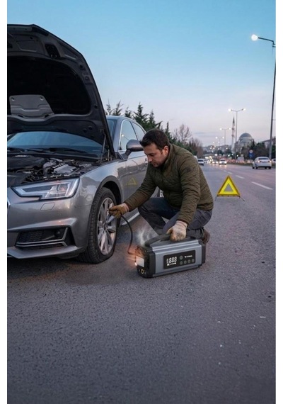Araç Hava Kompresörü Akü Takviyeli Marş Özellikli Dijital Ekranlı Işıklı Taşınabilir Kompresör Aps01
