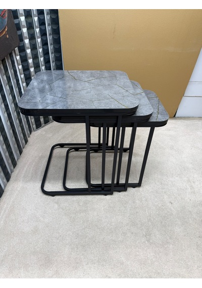 3 Lü Zigon Sehpa Seti Metal Ayaklı Ahşap Desen Tabla Modern Tasarım Gri