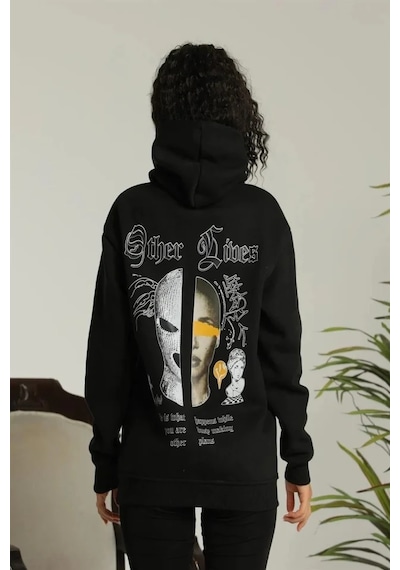 Oversize Üç İplik Kapüşonlu Sweatshirt Siyah Other Lives Ön Ve Arka Baskılı, Şardonlu Kışlık, Ra