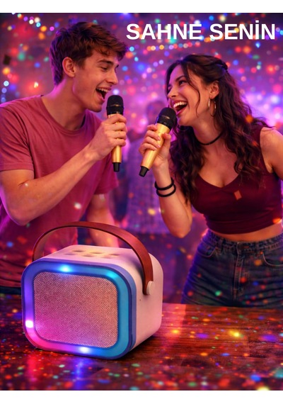 Teknozeel Çift Mikrofonlu Karaoke 5 Ses Efektli Rgb Işıklı Bluetooth Kablosuz Hoparlör Pembe Renk Ses Bombası