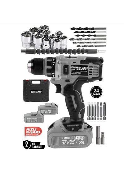 12v Metal Şanzıman Şarjlı Matkap 24 Parça Akülü Vidalama Akülü Matkap Seti Gri Renk