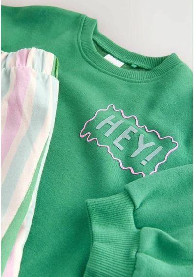 Hey Hi Sırt Kabartma Baskı Detaylı Sweatshirt Ve Renkli Çizgili Eşofman Kız & Erkek Çocuk Alt Üst Ta Yeşil