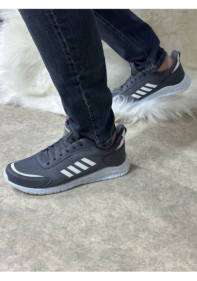 Günlük Erkek Sneaker Fileli Bağcıklı Rahat Esnek Dikiş Detaylı Yürüyüş Spor Ayakkabı 1453 Füme Beyaz
