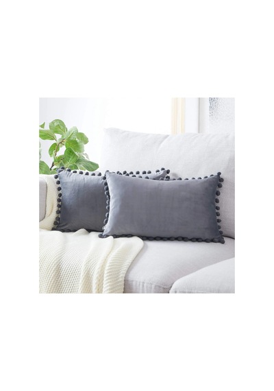 Ponponlu Dekoratif Kırlent Kılıfı 2 Adet 43x43 Cm Gri