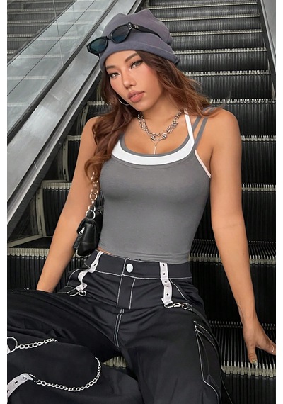 Epilons Zenvial Kadın Antrasit Gri Beyaz Çift Renk Çapraz Askılı Crop Top Bluz Zenviall2