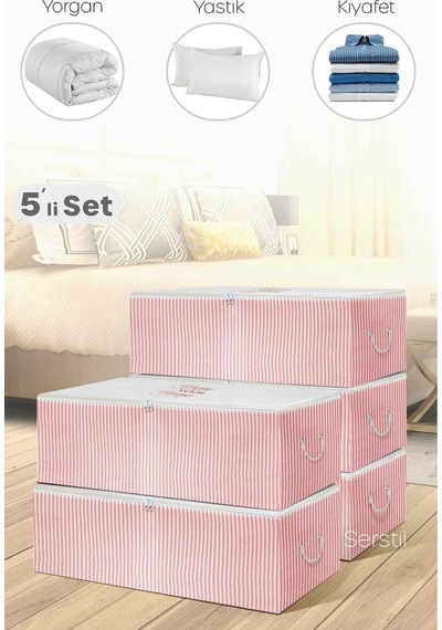 Serstil 5 Adet - Büyük Boy Baza Altı Pembe Çizgili Hurç 62 X 46 X 22 Cm