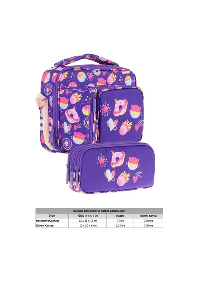 Kaukko Kids Kız Çocuk Mor Şekerlemeler Üç Bölmeli Thermo Beslenme Çantası Ve Kalemlik Seti L7216+l8216 Koyu Mor