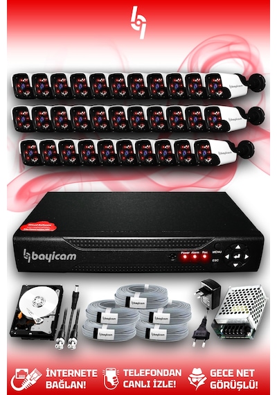 Bayicam 32 Kameralı Panda 32 Dış Kamera Set 320 GB HDD Full HD Gece Görüşlü Güvenlik Kamerası Sistemi