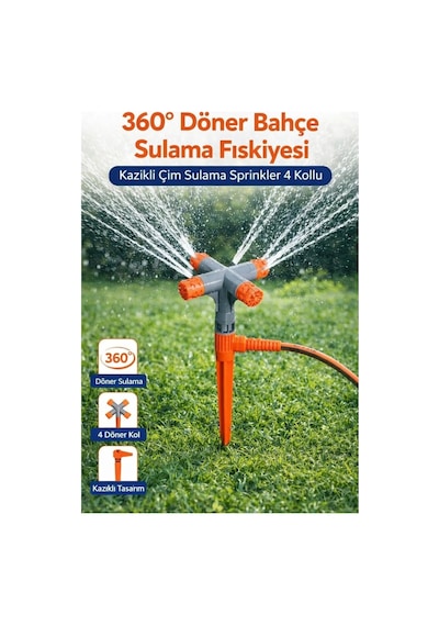 360 Döner Bahçe Sulama Fıskiyesi, 4 Kollu Otomatik Sprinkler, Kazıklı Tasarım, Geniş Alan Kapl