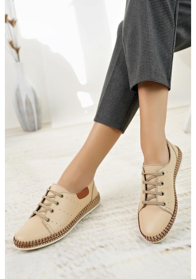 Nesilshoes Nesil Shoes Syg P38 Bej Hakiki Deri Kadın Ayakkabı