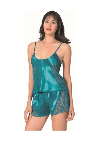Veraura Lifestyle Petrol Saten Babydoll Şort Takımı Petrol