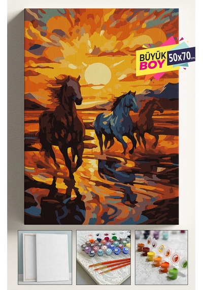 Sayılarla Boyama Seti Numaralı Tuval Fırça Boya Dahil Kasnaklı Set 50x70 Cm - Koşan Atlar