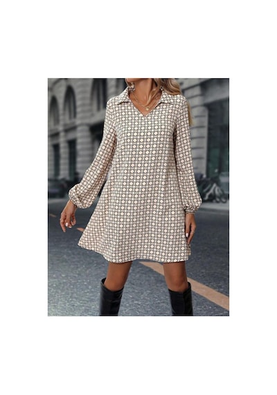 Butik İstanbul Kadın Uzun Kollu Yakalı Desenli Mini Modal Elbise Bej