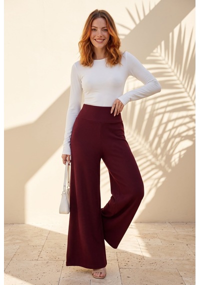 Soulshae Yüksek Bel Kloş Krep Pantolon Bordo