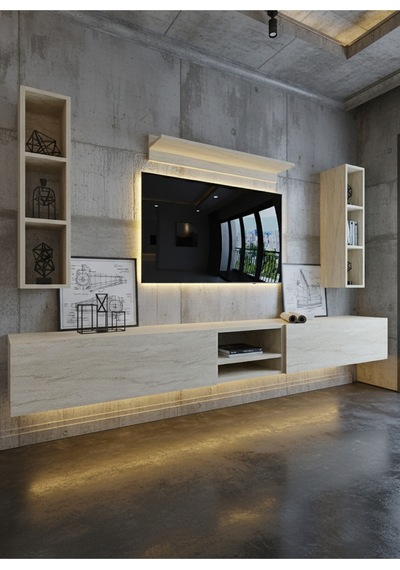Resital Ledli Duvara Monte Tv Sehpası - Traverten - W6001-8 Traverten