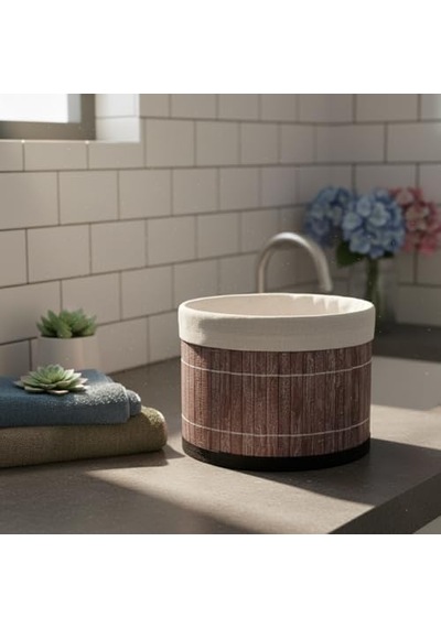 Yuvarlak Bambu Düzenleyici Ve Saklama Sepeti Çok Amaçlı Banyo, Makyaj Ve Ofis Organizeri, Kumaş Astarlı Dekoratif Silindir Kutu 18x13 Cm, Gri 000 Açık Krem
